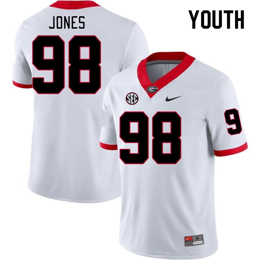 Georgia Bulldogs Youth Noah Jones #98 White Stitched College UGA Football Jersey 23SH018HX